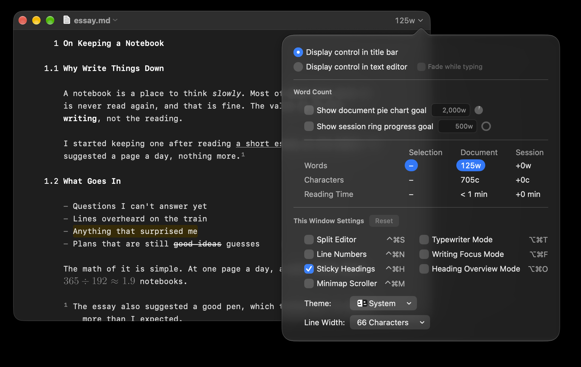 The count popover open below the title bar count, with its Word Count table and This Window Settings