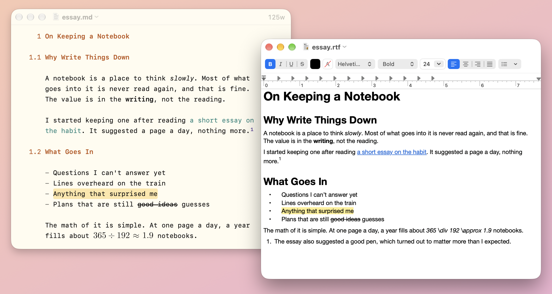 A Markdown document in WriteRoom, and the same document exported as rich text open in TextEdit