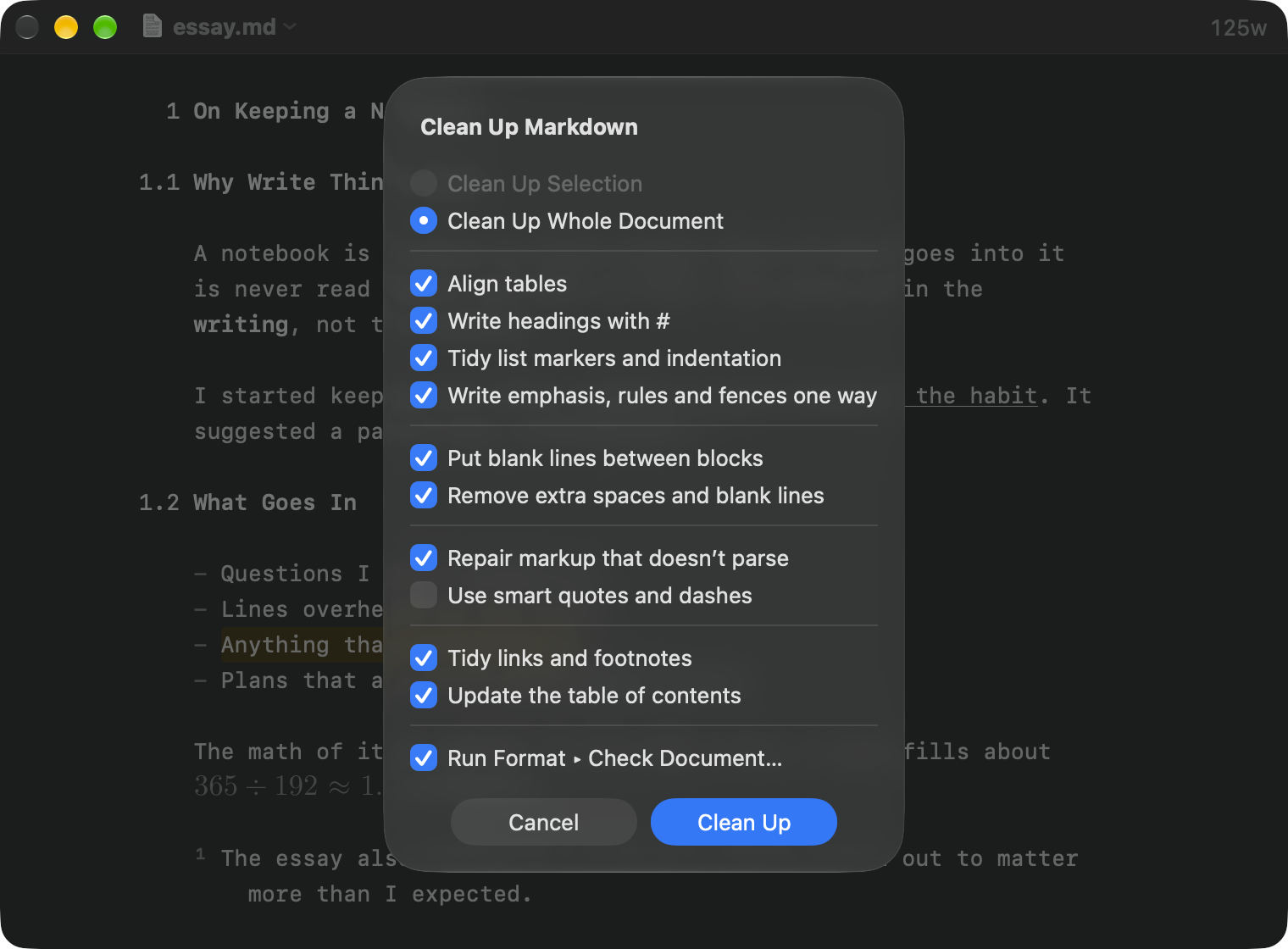 The Clean Up Markdown sheet