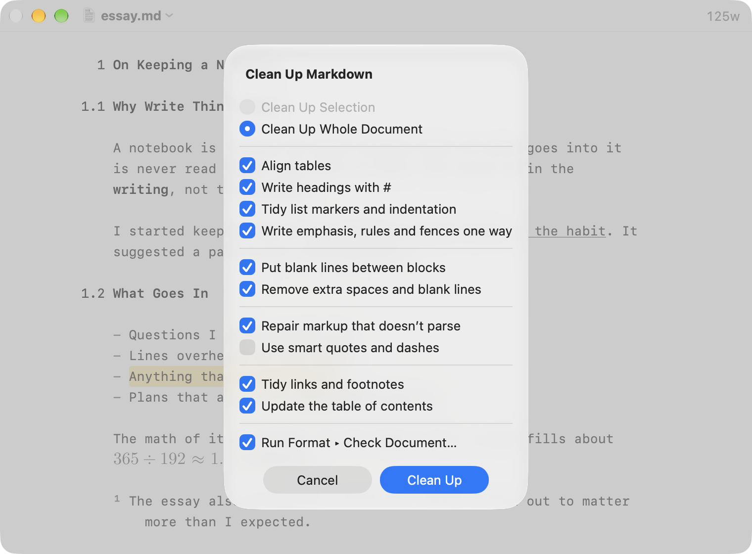 The Clean Up Markdown sheet