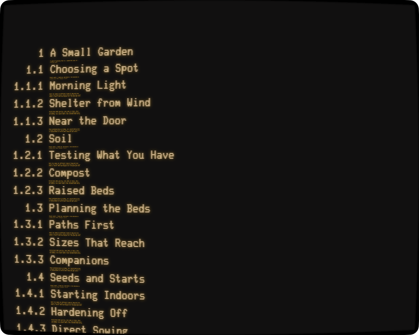 A long document zoomed out in Heading Overview Mode, its headings readable and body text shrunk