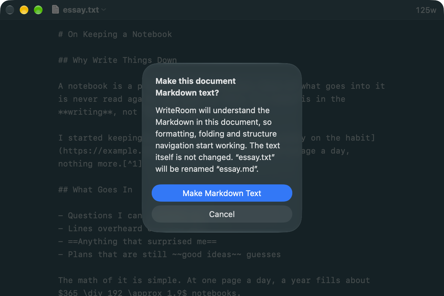 Format > Make Markdown Text asks first