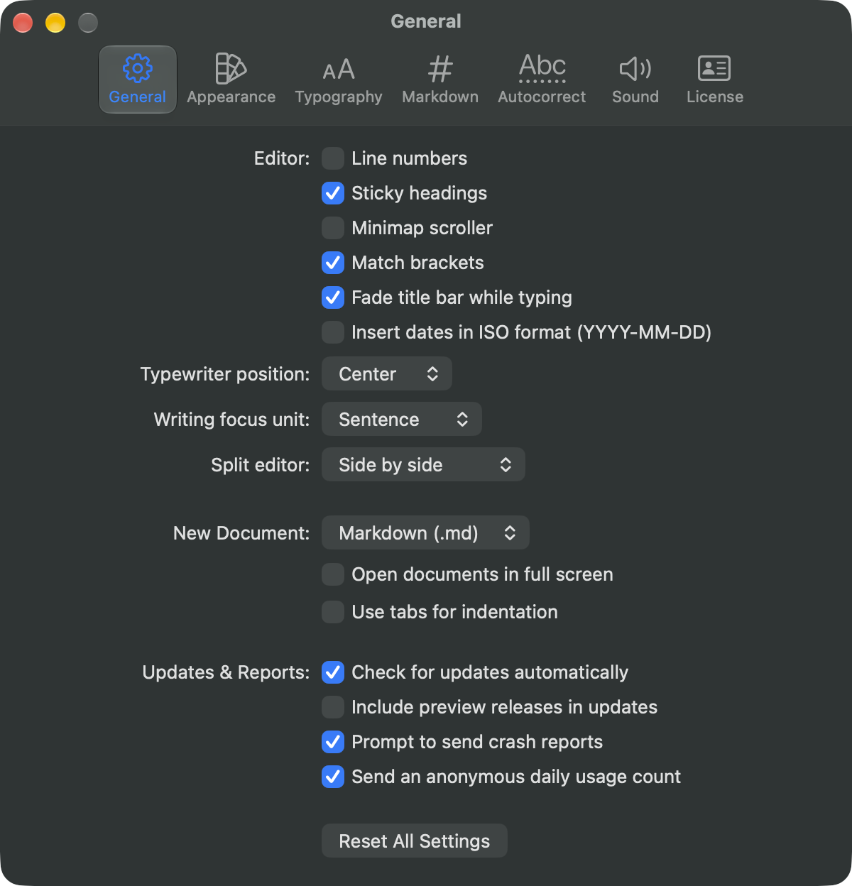The General pane of the Settings window