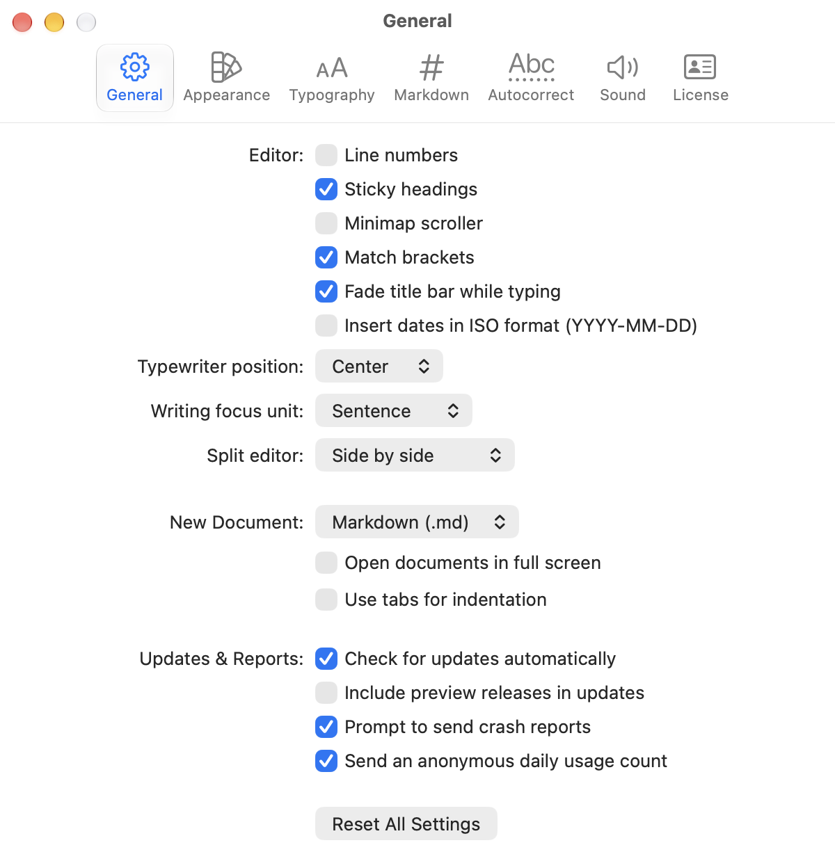 The General pane of the Settings window