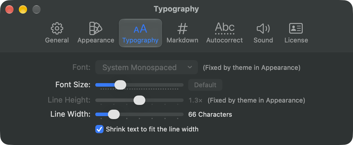 The Typography pane of the Settings window