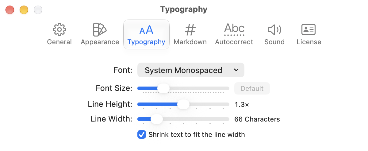 The Typography pane of the Settings window