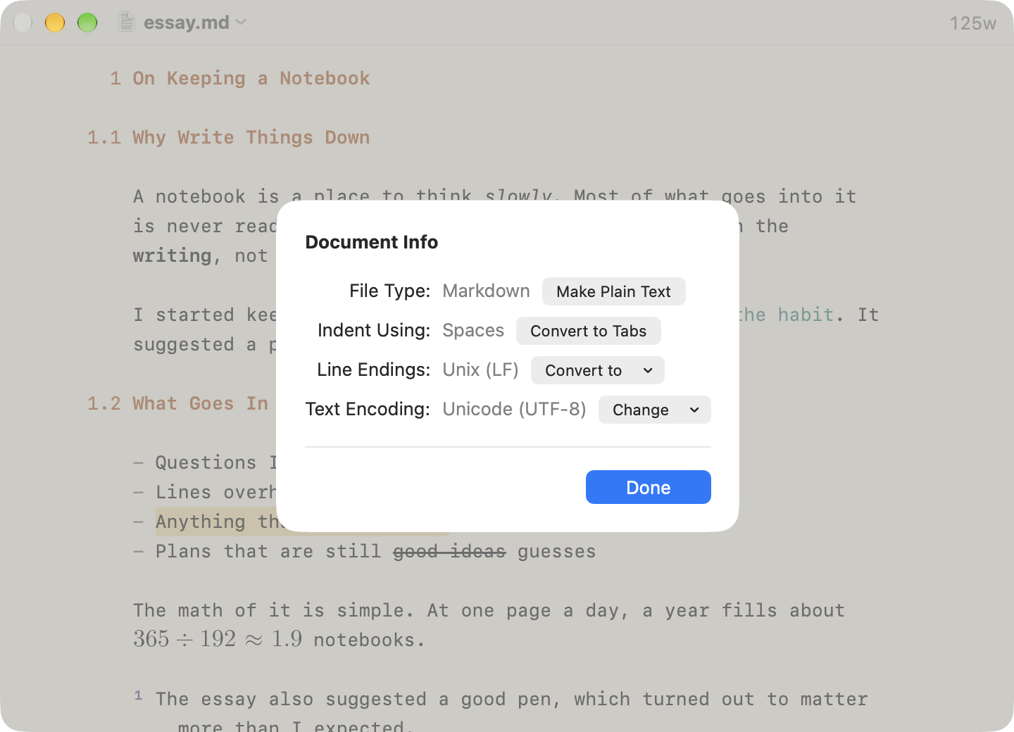 The Document Info sheet