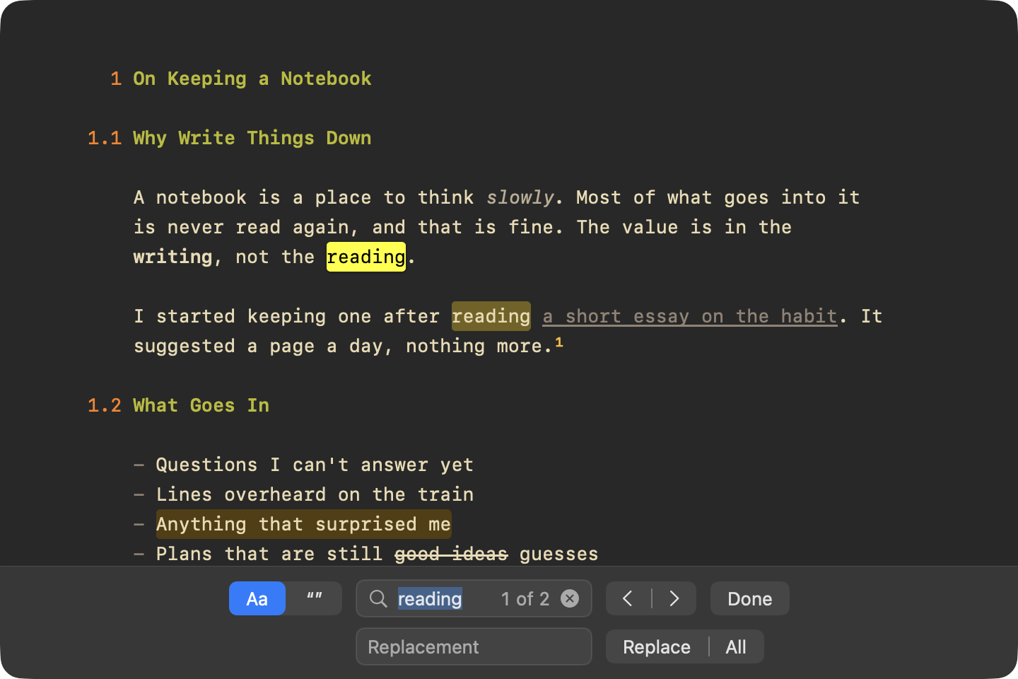 The find bar searching for a word, its matches highlighted