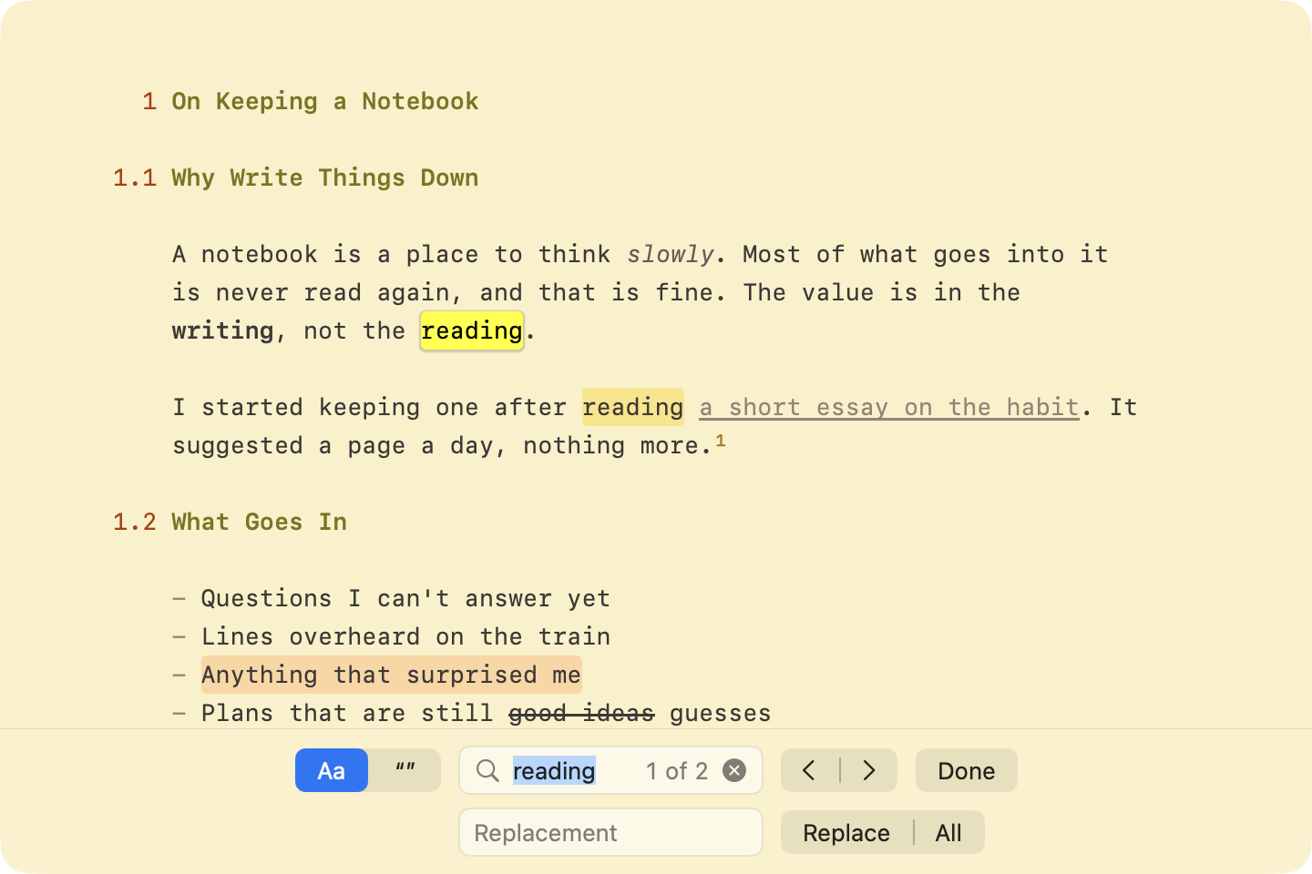 The find bar searching for a word, its matches highlighted